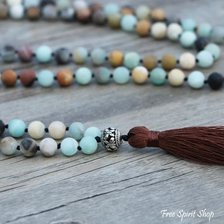 108 Natural Matte Amazonite Stone Bead Mala Prayer With Tassel