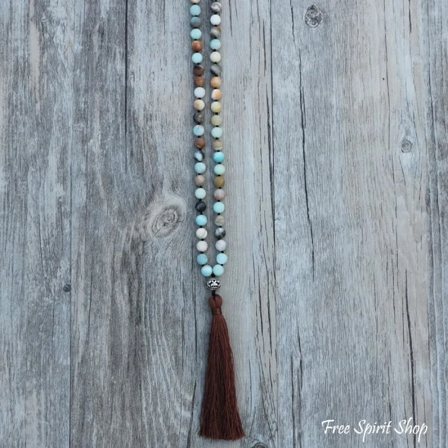 108 Natural Matte Amazonite Stone Bead Mala Prayer With Tassel