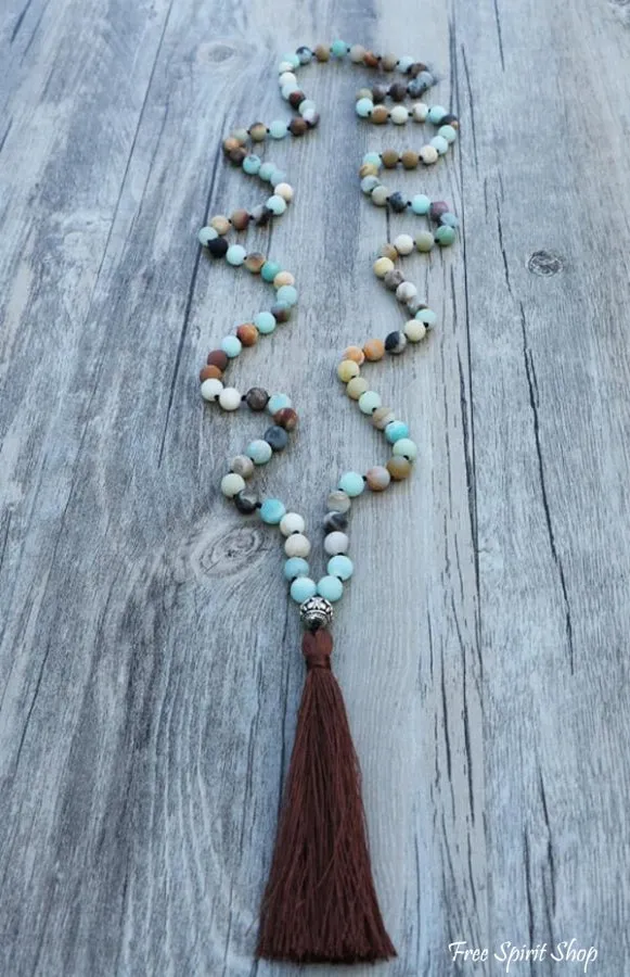 108 Natural Matte Amazonite Stone Bead Mala Prayer With Tassel