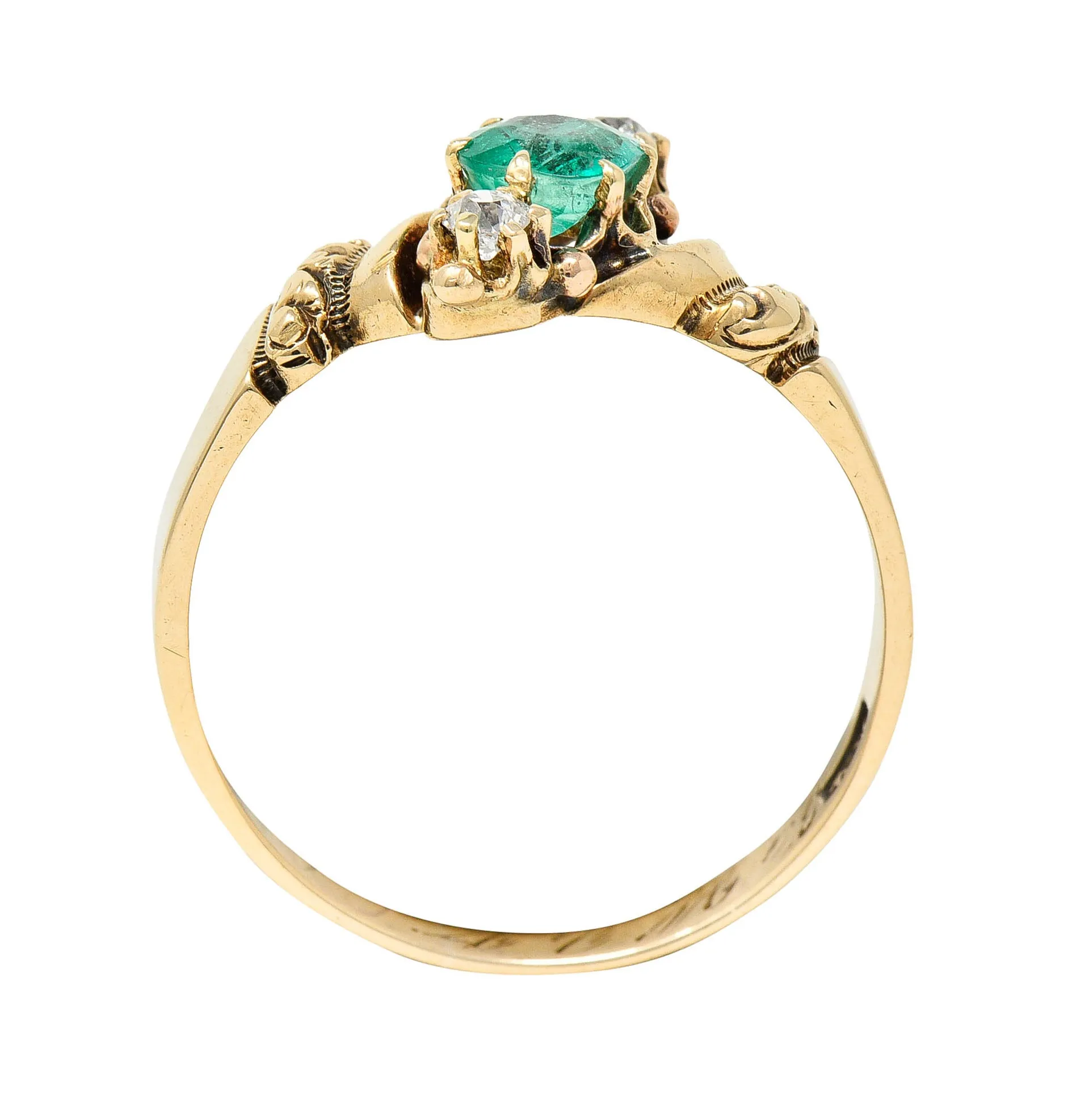 1890's Allsopp Bros. 0.55 CTW Emerald Diamond 14 Karat Gold Three Stone Ring