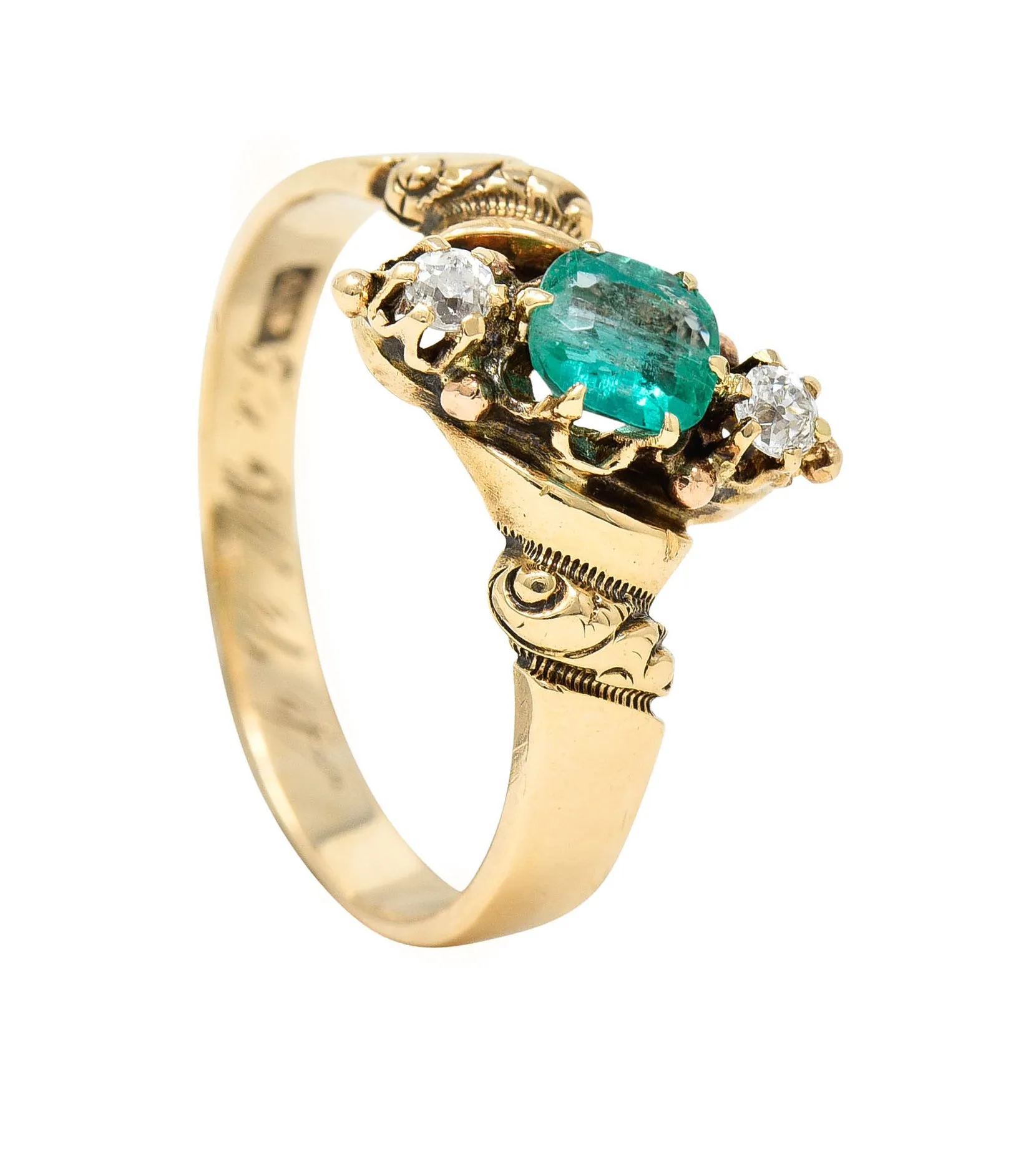 1890's Allsopp Bros. 0.55 CTW Emerald Diamond 14 Karat Gold Three Stone Ring