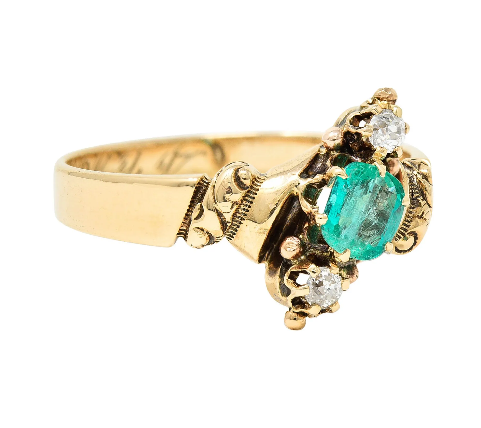 1890's Allsopp Bros. 0.55 CTW Emerald Diamond 14 Karat Gold Three Stone Ring