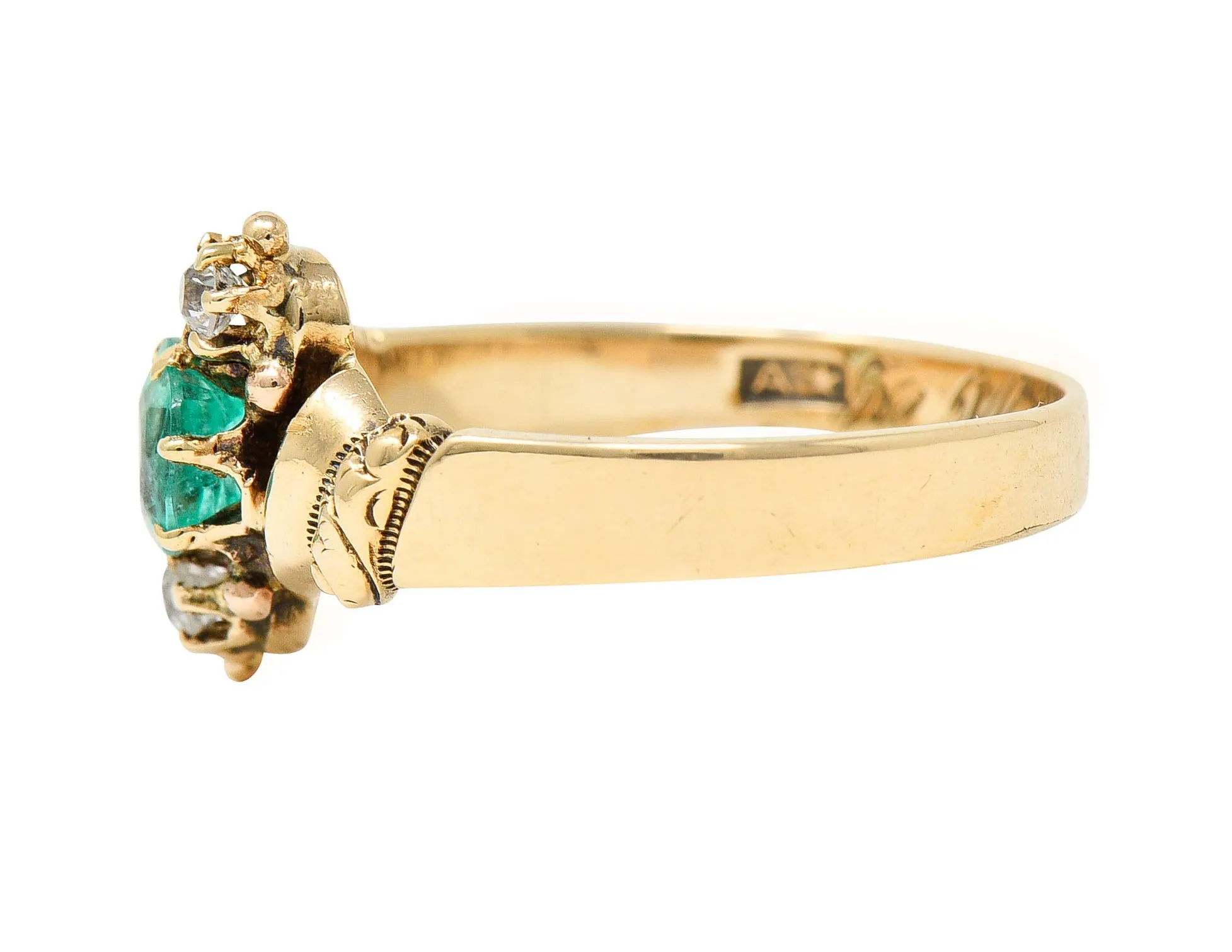 1890's Allsopp Bros. 0.55 CTW Emerald Diamond 14 Karat Gold Three Stone Ring