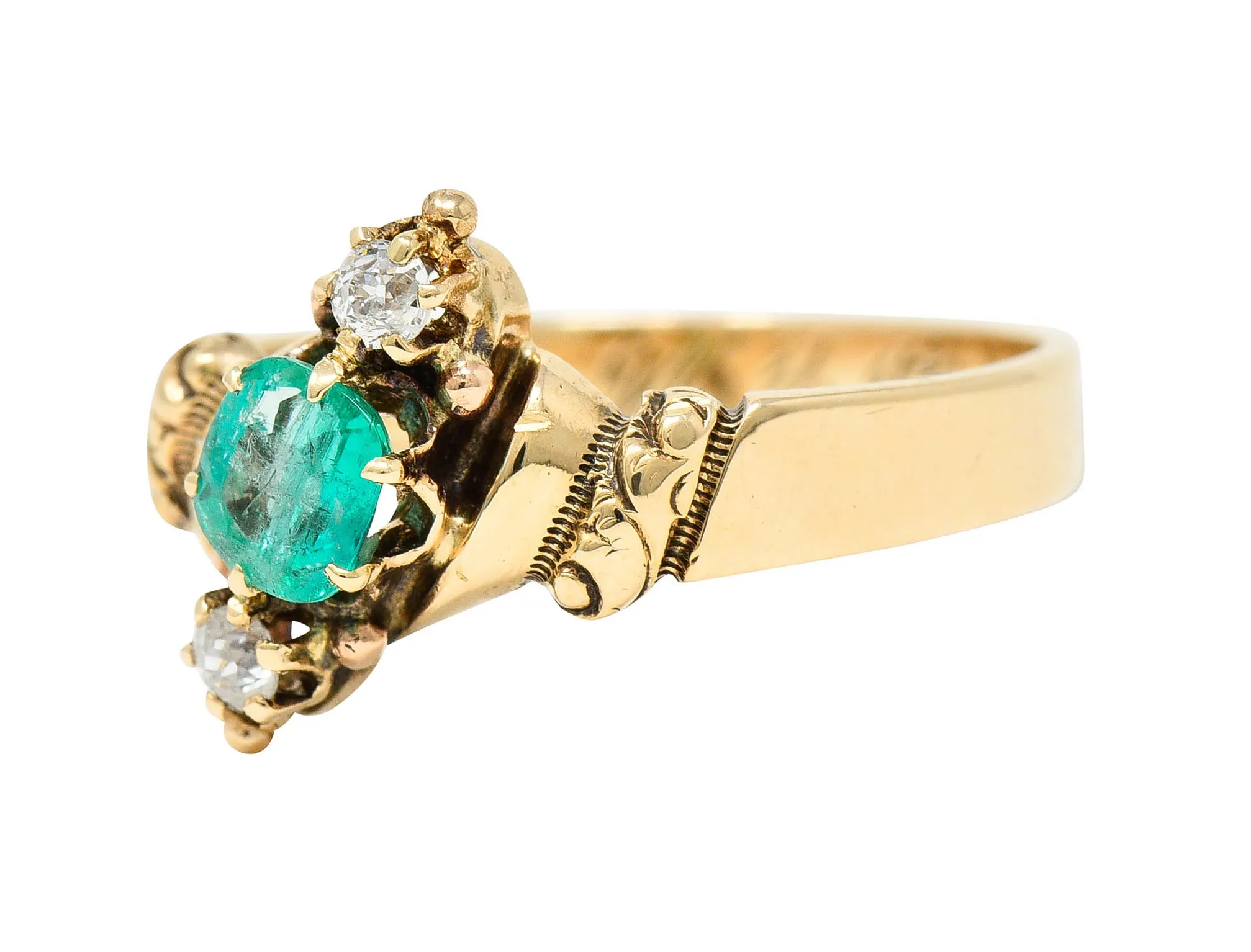 1890's Allsopp Bros. 0.55 CTW Emerald Diamond 14 Karat Gold Three Stone Ring