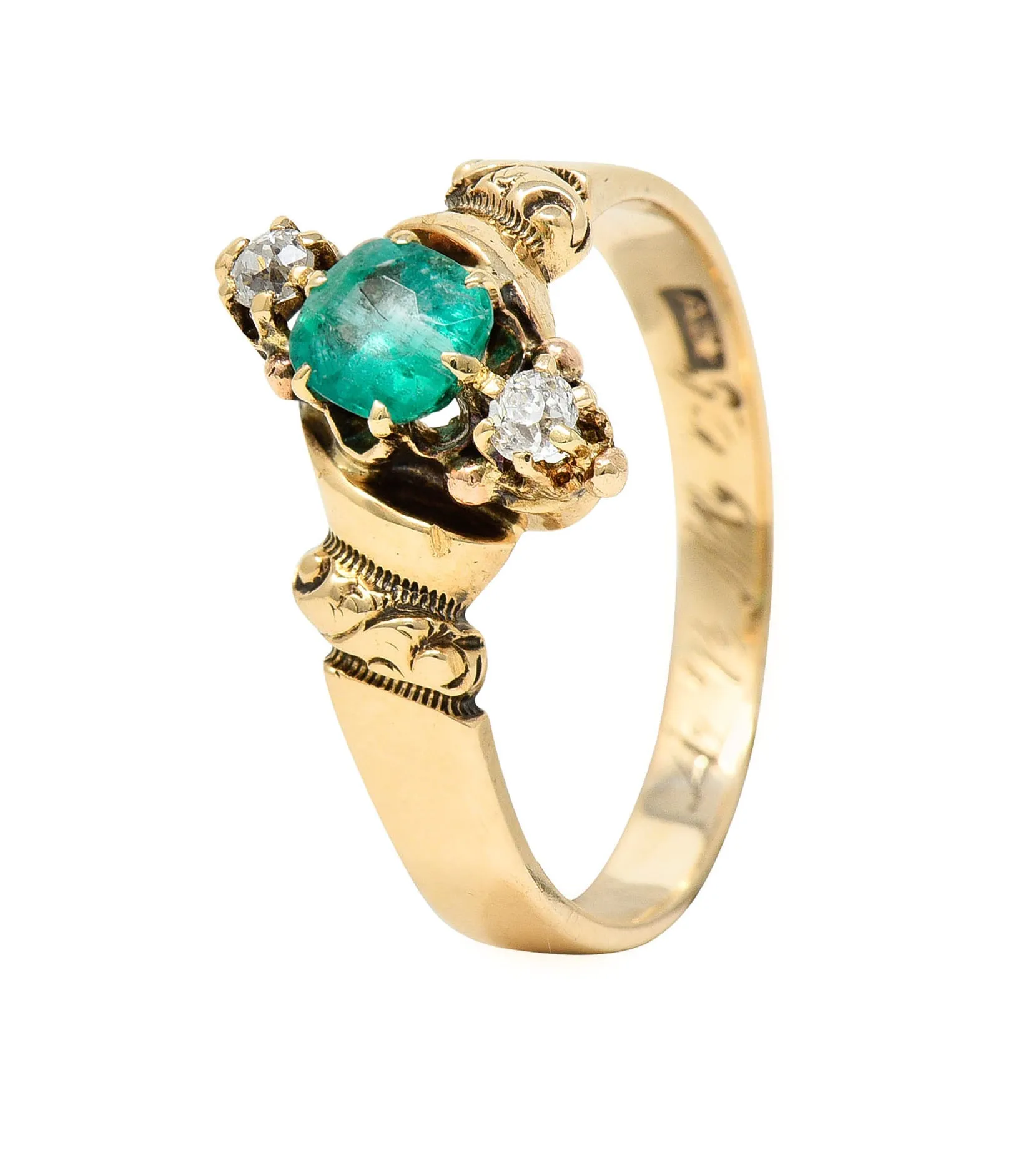 1890's Allsopp Bros. 0.55 CTW Emerald Diamond 14 Karat Gold Three Stone Ring