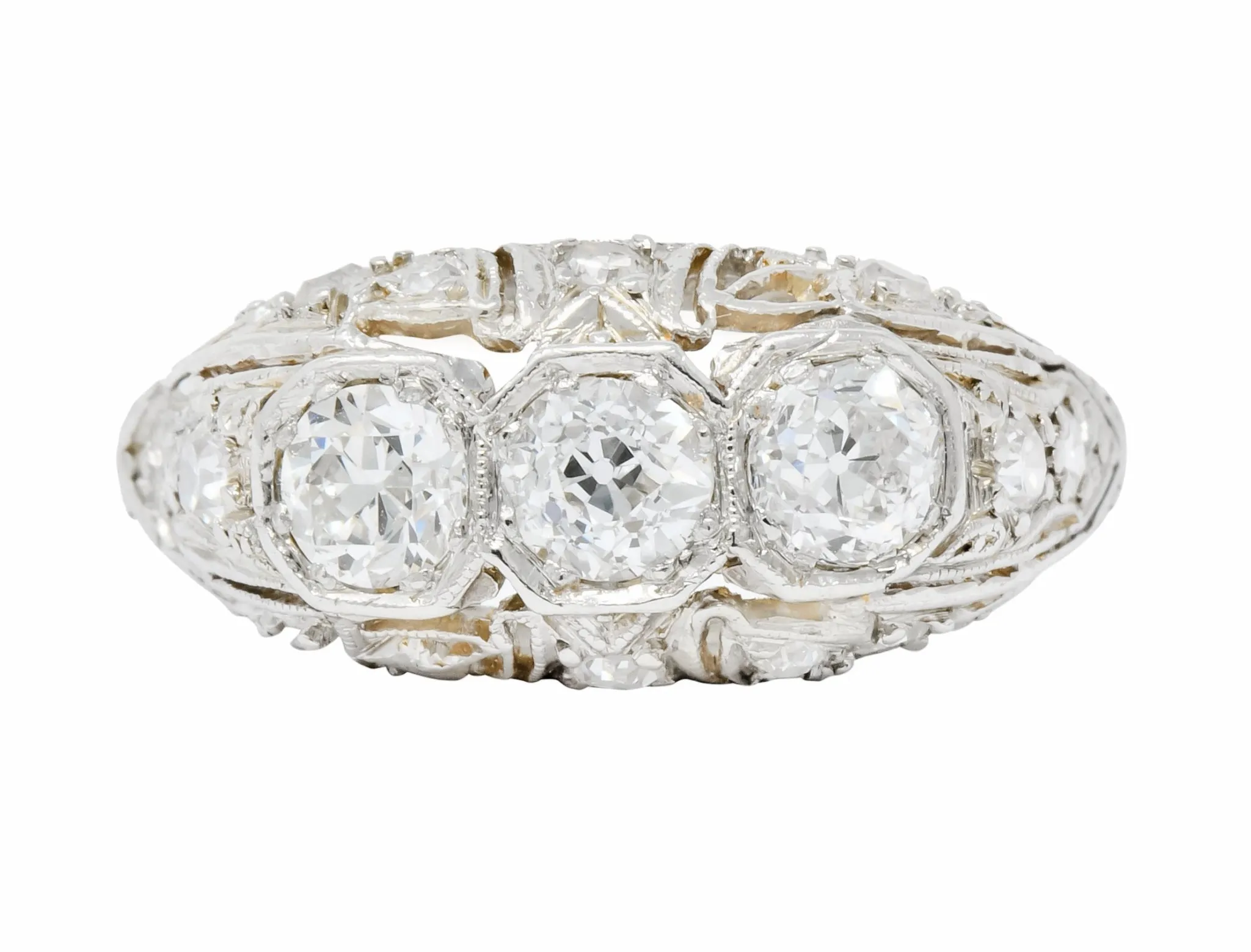 1930's Art Deco 1.16 CTW Diamond Platinum Three Stone Dinner Ring