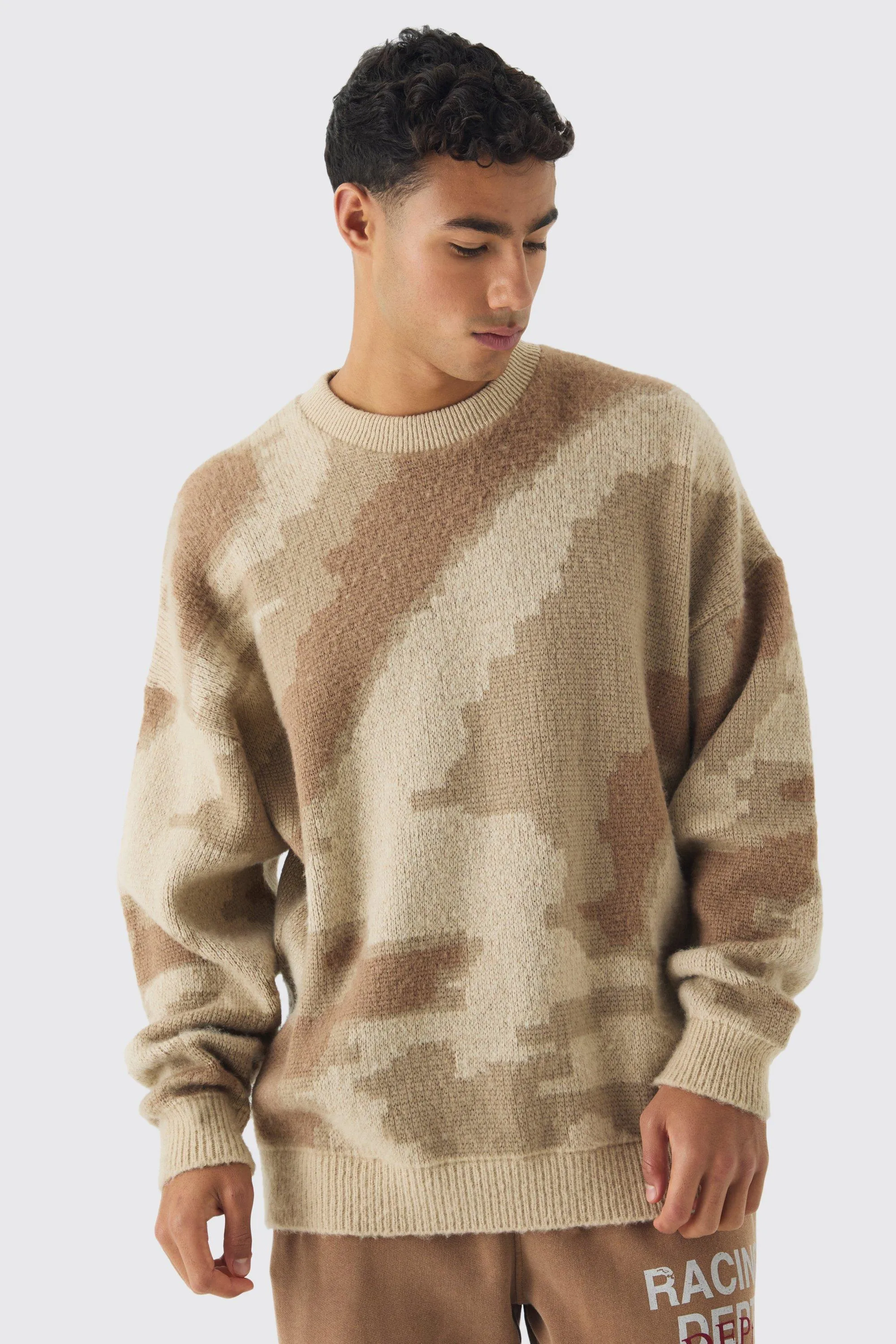 Abstract Camo Brushed Sweater In Stone