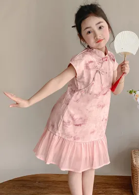 Art Pink Stand Collar Print Patchwork Kids Maxi Dress Short Sleeve