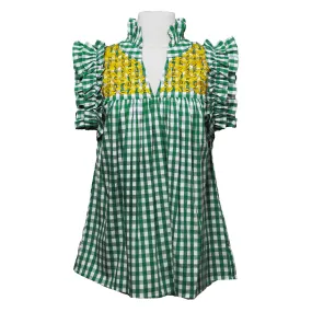 Baylor Green Buffalo Check Gingham + Gold Hummingbird Blouse