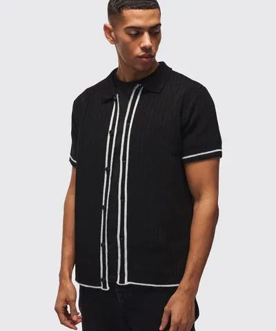 boohoo Mens Regular Fit Contrast Stripe Knitted Zip Up Polo Shirt