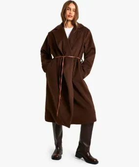 boohoo Womens Faux Leather Belt Wool Look Coat