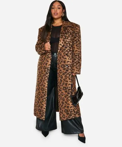 boohoo Womens Plus Leopard Print Oversized Wool Look Coat