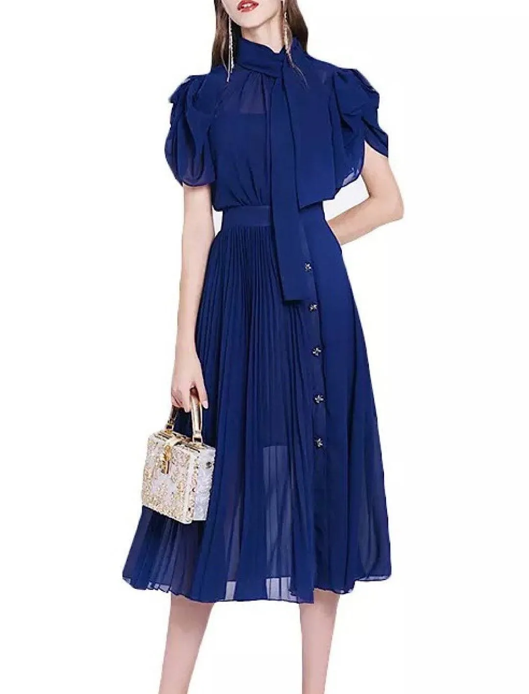 Chiffon Pleated Skirt Stand Collar Midi Dress