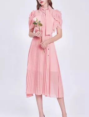 Chiffon Pleated Skirt Stand Collar Midi Dress