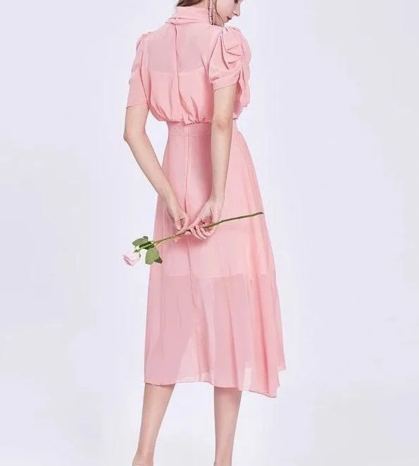 Chiffon Pleated Skirt Stand Collar Midi Dress