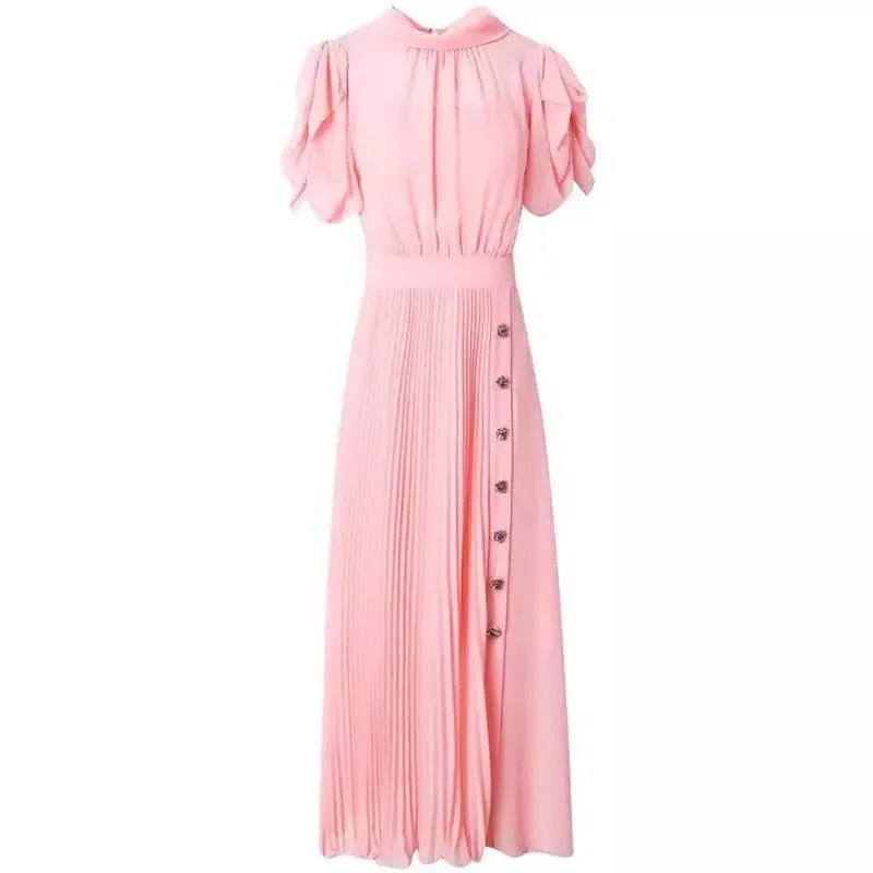 Chiffon Pleated Skirt Stand Collar Midi Dress