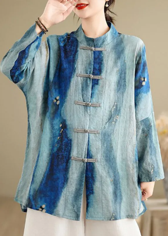 Chinese Style Blue Stand Collar Tie Dye Shirt Long Sleeve