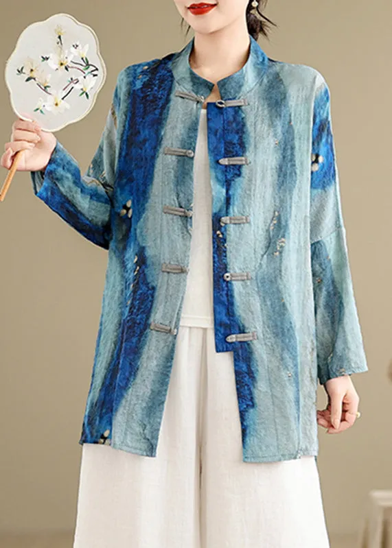 Chinese Style Blue Stand Collar Tie Dye Shirt Long Sleeve