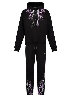 Completo tuta PHOBIA felpa cappuccio + pantalone nera fulmini viola e grigi