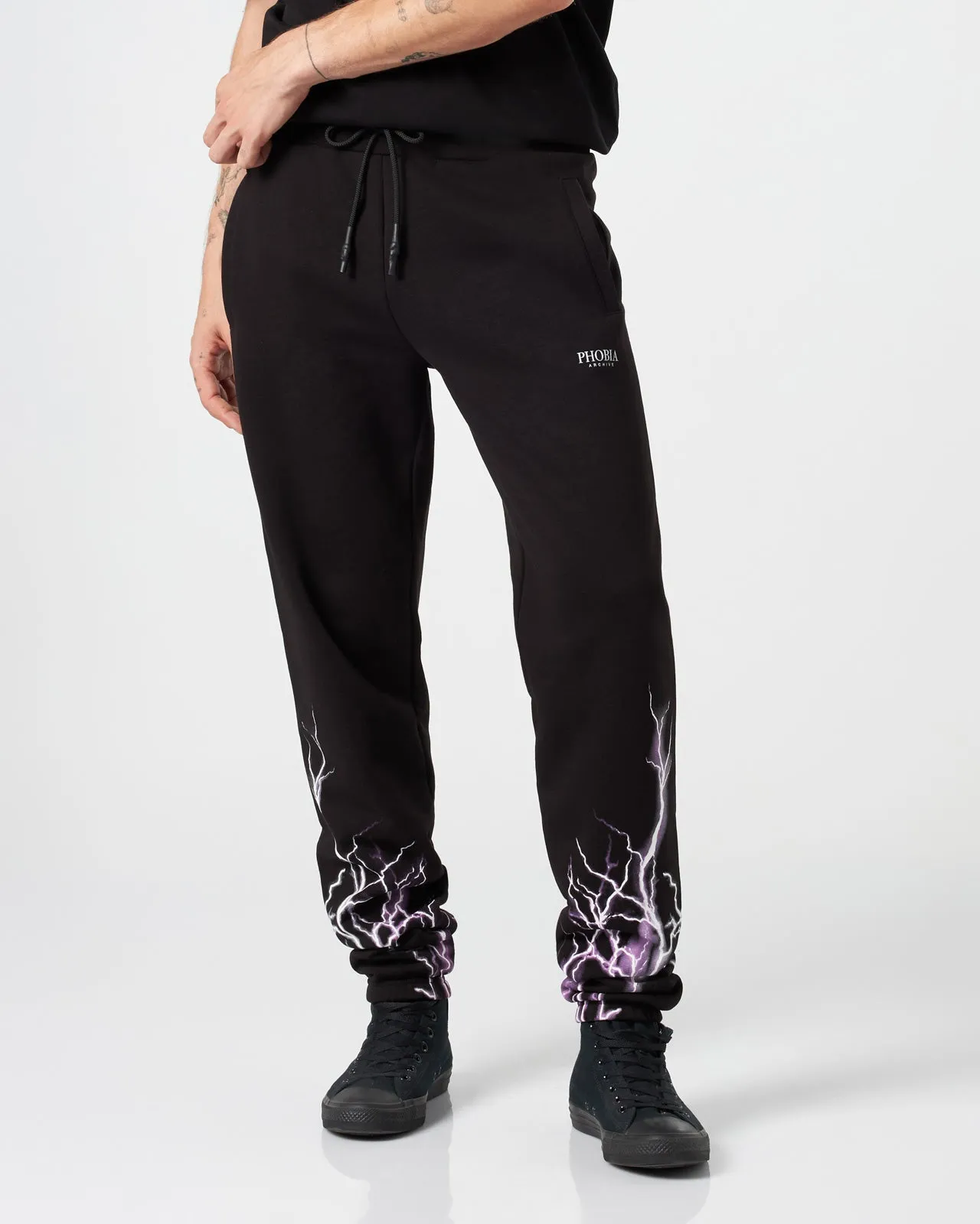 Completo tuta PHOBIA felpa cappuccio + pantalone nera fulmini viola e grigi