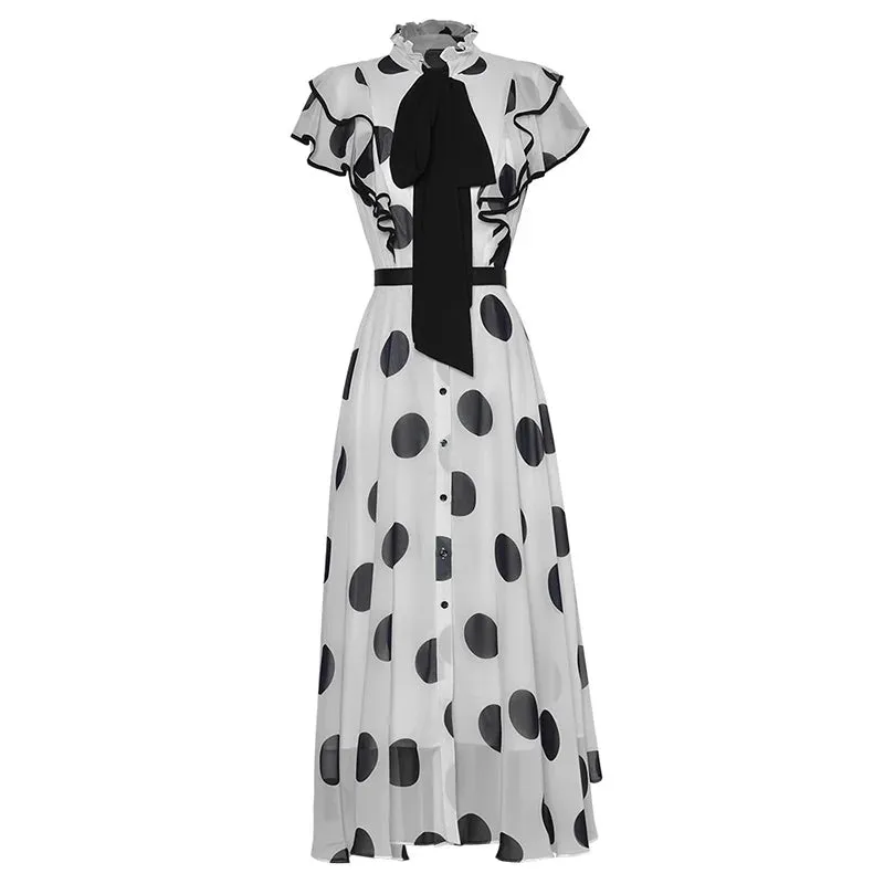 Cooper Stand Collar Butterfly sleeve Dot Print Office Lady Sashes Dress