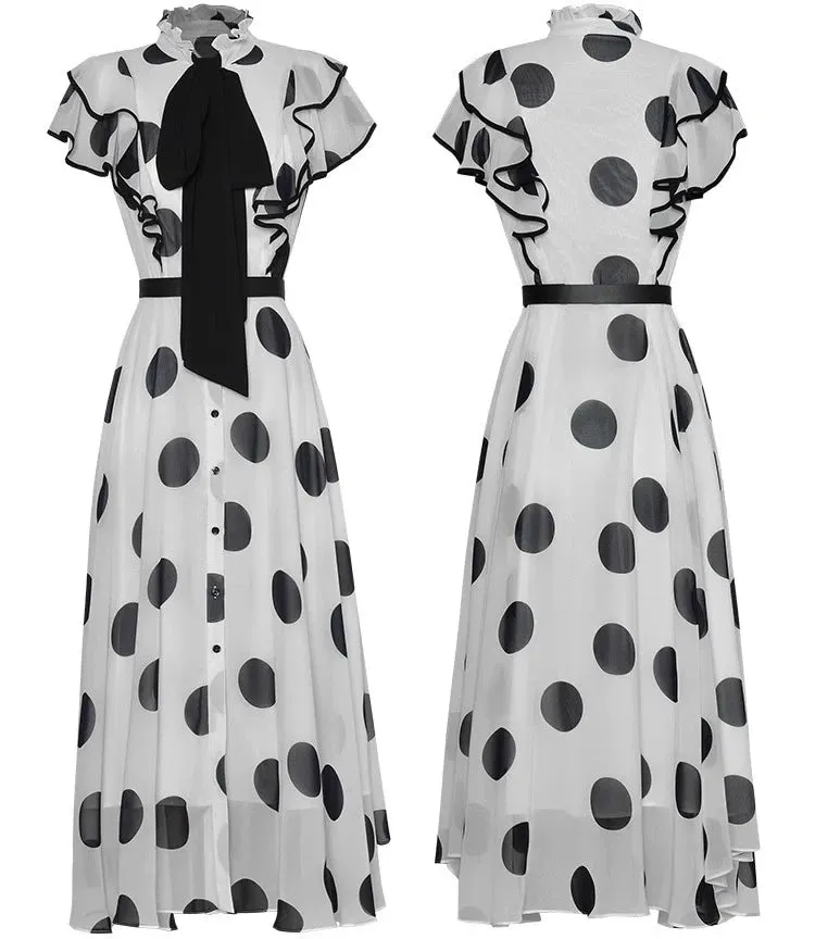 Cooper Stand Collar Butterfly sleeve Dot Print Office Lady Sashes Dress