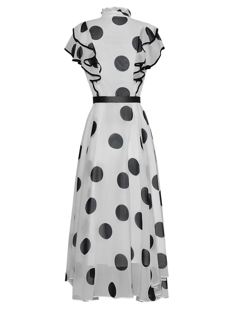 Cooper Stand Collar Butterfly sleeve Dot Print Office Lady Sashes Dress