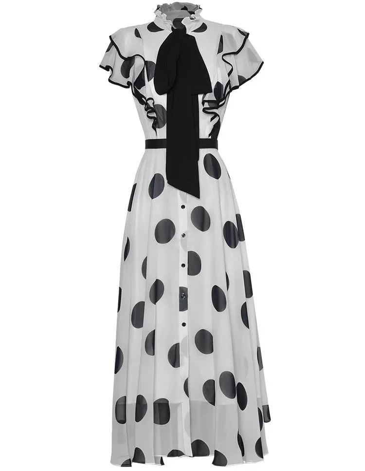 Cooper Stand Collar Butterfly sleeve Dot Print Office Lady Sashes Dress