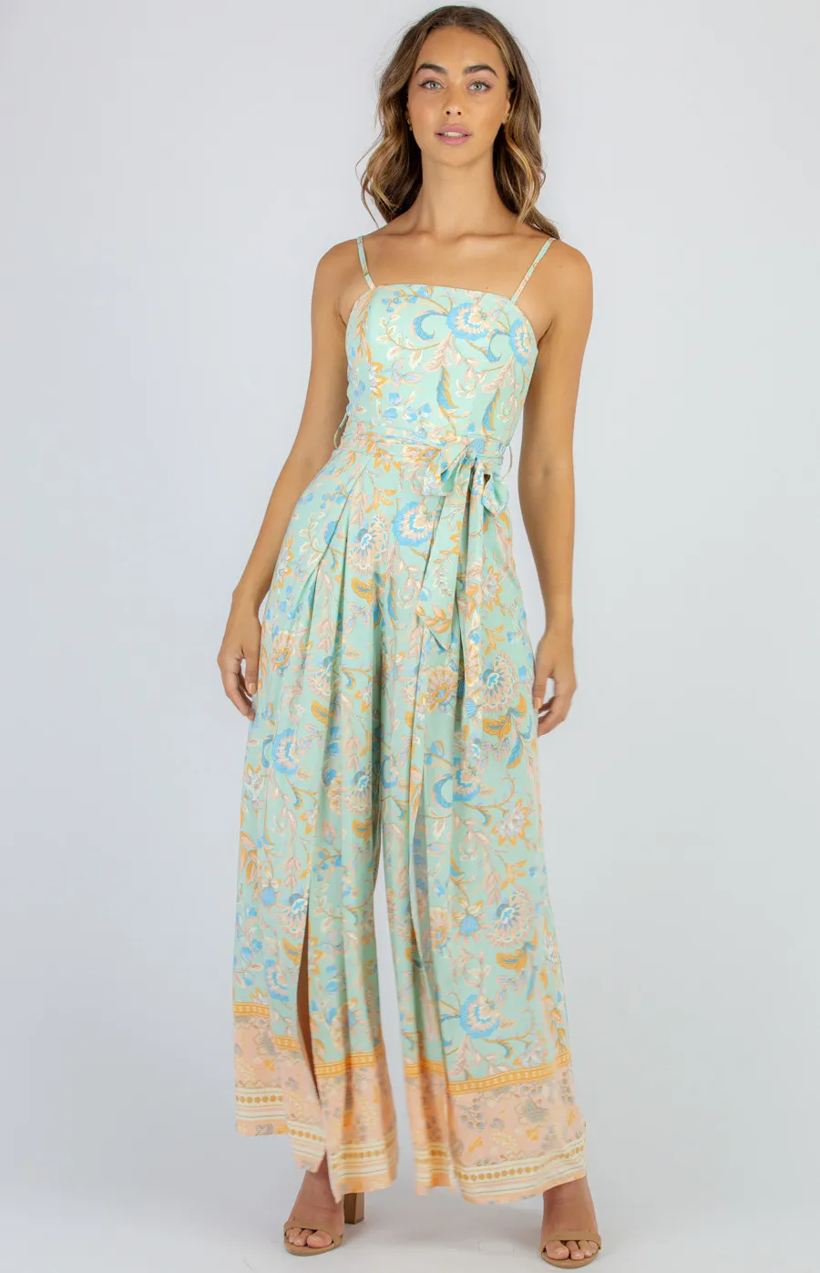 Cotton Boho Print Strapless Jumpsuit with Split Leg Detail (SSJP7-26A)