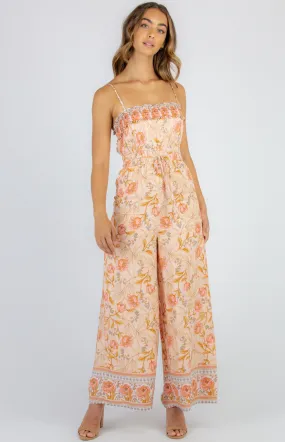 Cotton Shirred Neckline Boho Floral Jumpsuit (SJP490B)