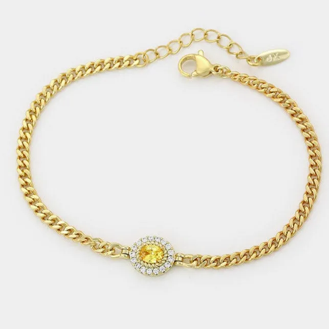 Curb Bracelet with Champagne Stone for Her 18K Gold Plated