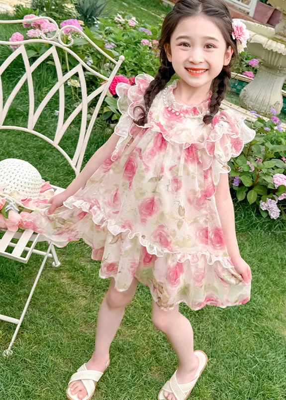 Cute Apricot Stand Collar Print Tulle Girls Mid Dress Summer