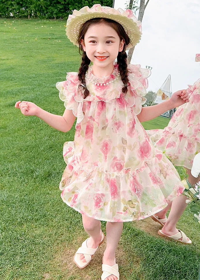 Cute Apricot Stand Collar Print Tulle Girls Mid Dress Summer