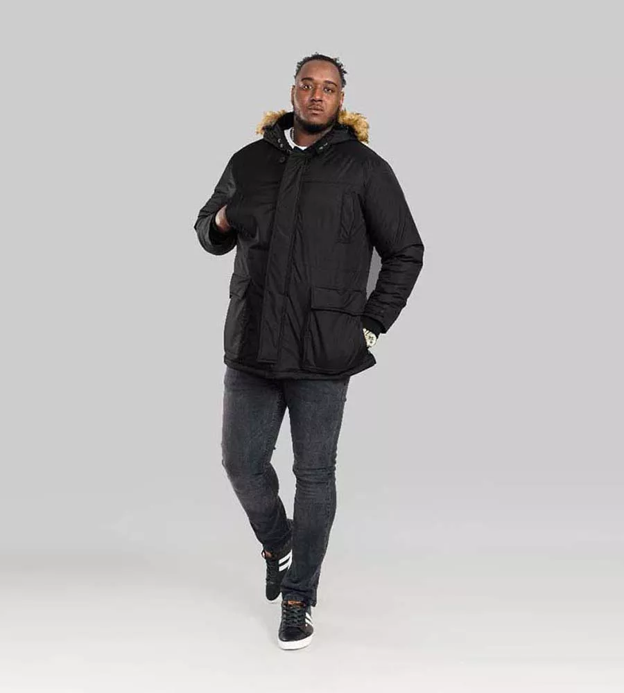 D555 Big Mens Black Parka Style Jacket With Detachable Fur Trim (LOVETT BLACK)