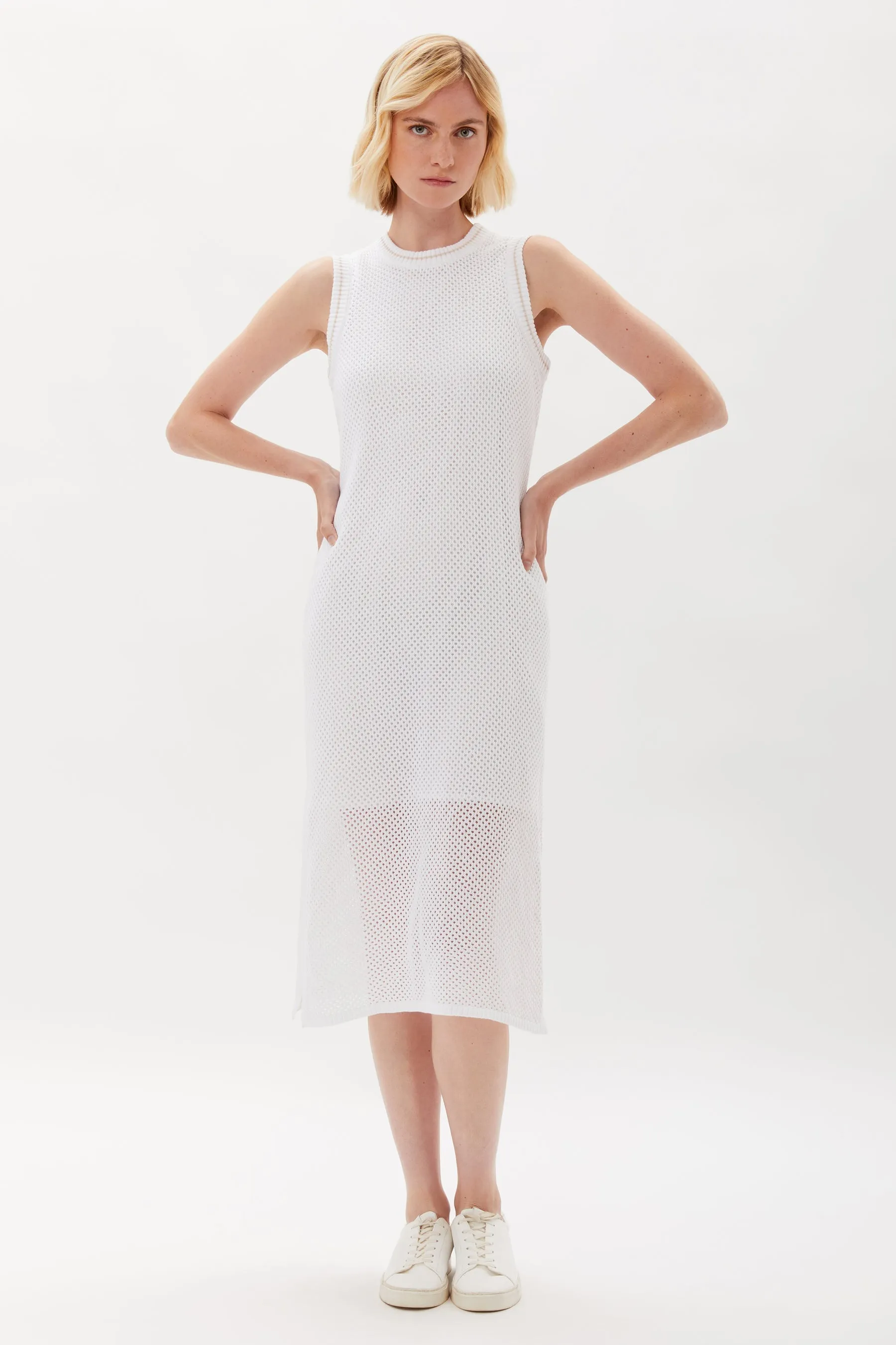 Ecru Mesh Stitch Sweater Dress-White