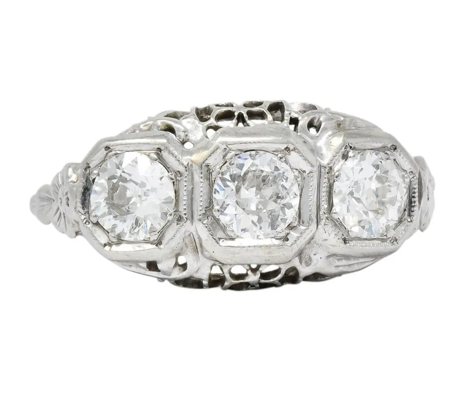 Edwardian 1.00 CTW Diamond Platinum-Topped 14 Karat White Gold Three Stone Ring