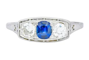 Edwardian 1.38 CTW Diamond Sapphire Platinum Three Stone Band Ring