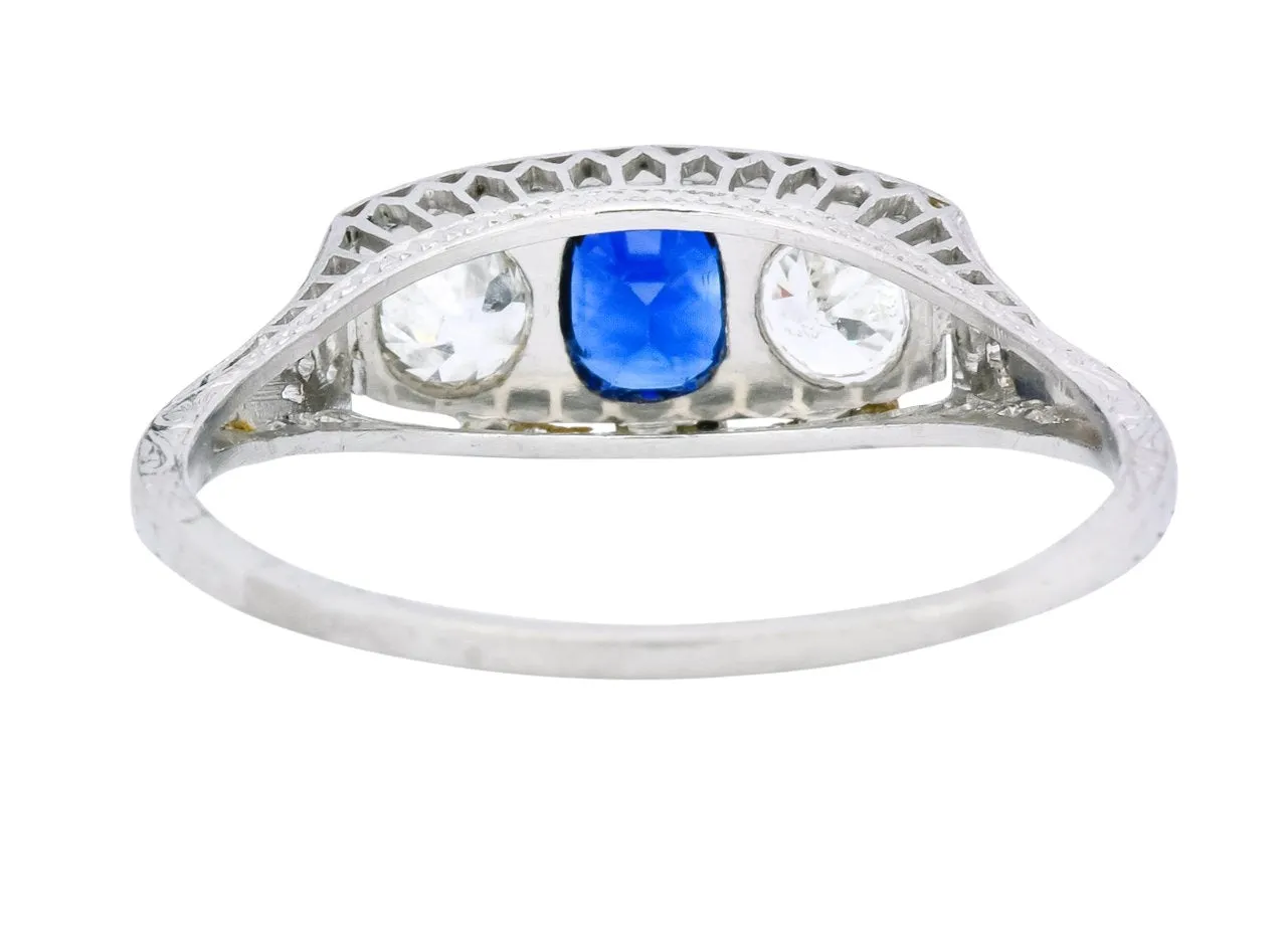 Edwardian 1.38 CTW Diamond Sapphire Platinum Three Stone Band Ring