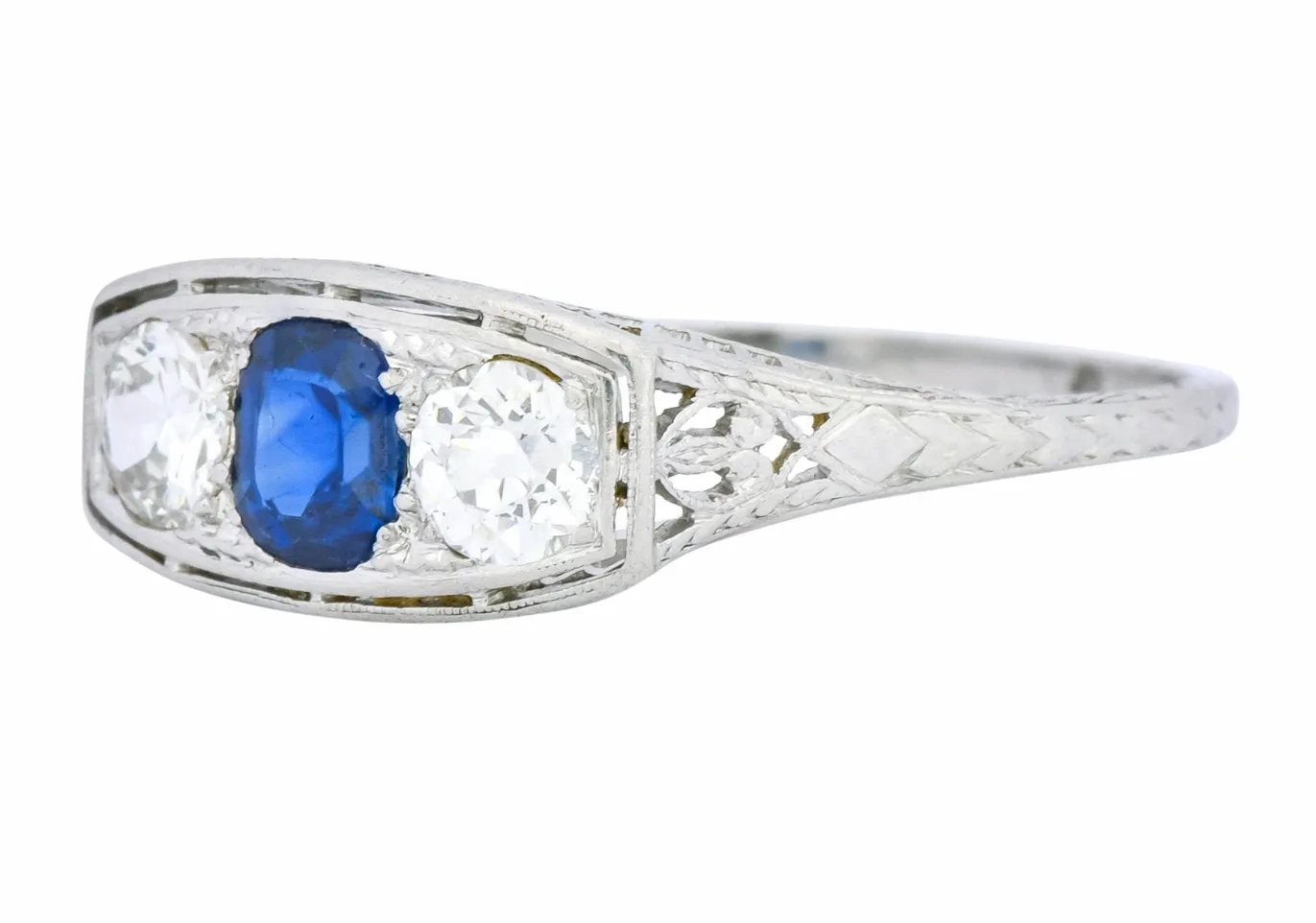 Edwardian 1.38 CTW Diamond Sapphire Platinum Three Stone Band Ring