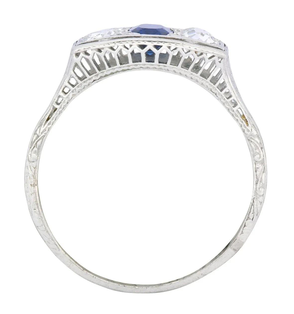 Edwardian 1.38 CTW Diamond Sapphire Platinum Three Stone Band Ring