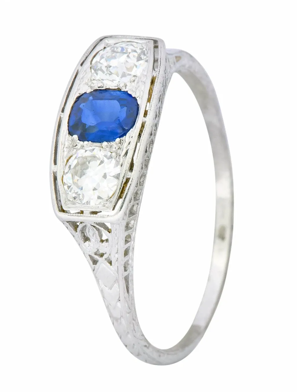 Edwardian 1.38 CTW Diamond Sapphire Platinum Three Stone Band Ring