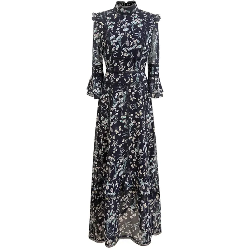 Ember Floral Print Stand Collar High Waist Ruffles Lace Spliced Slim Long Dress