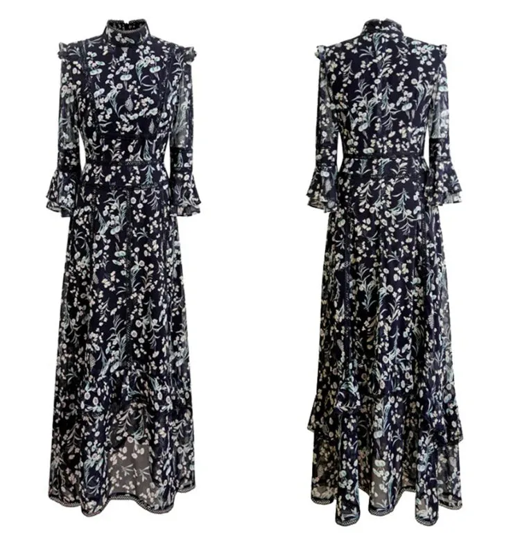 Ember Floral Print Stand Collar High Waist Ruffles Lace Spliced Slim Long Dress