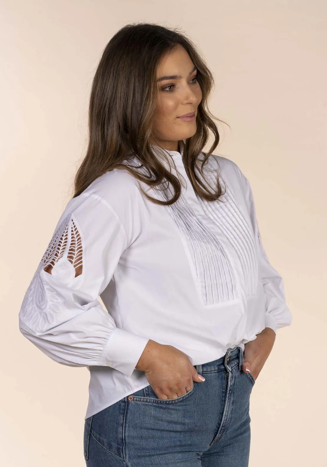 Embroidered Sleeve Blouse - White