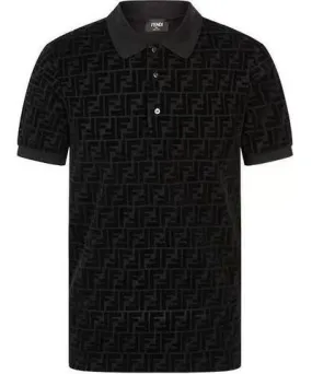 Fendi FF Alphabet Dark Pattern Printing Short Sleeve Black Polo Shirt