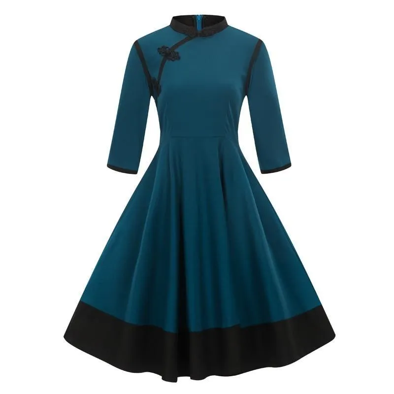 Frog Fastener Stand Collar Vintage Formal Midi Elegant 3/4 Length Sleeve Retro Dress