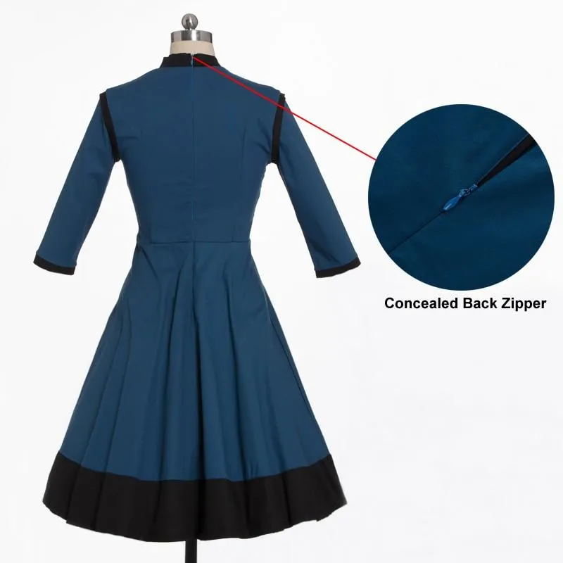 Frog Fastener Stand Collar Vintage Formal Midi Elegant 3/4 Length Sleeve Retro Dress