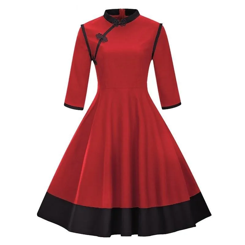 Frog Fastener Stand Collar Vintage Formal Midi Elegant 3/4 Length Sleeve Retro Dress