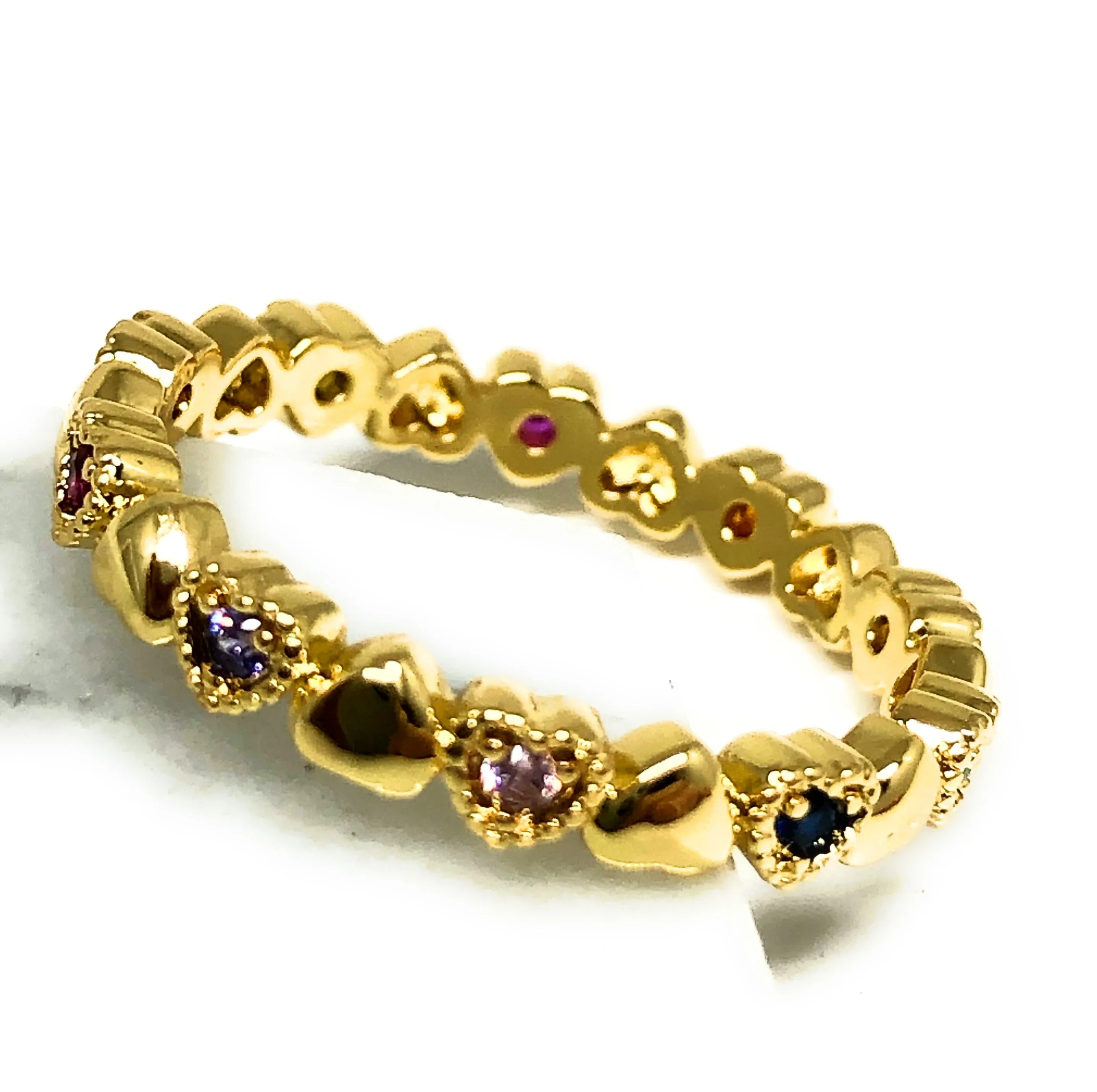 Gold Plated Colorful multi-color Stone Mini Heart Band Ring Anillo