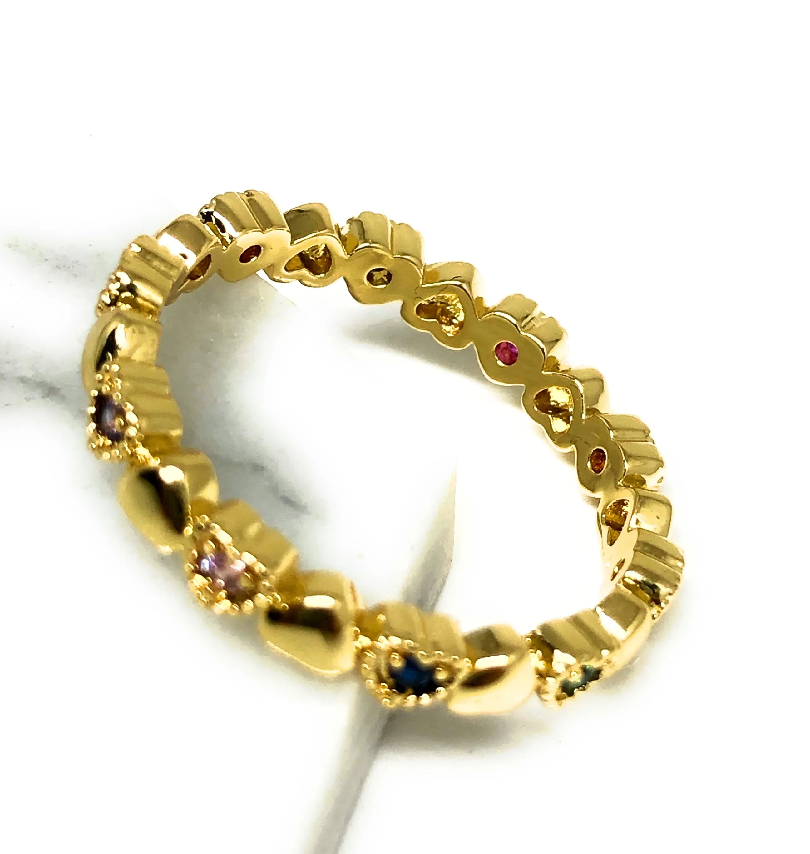 Gold Plated Colorful multi-color Stone Mini Heart Band Ring Anillo